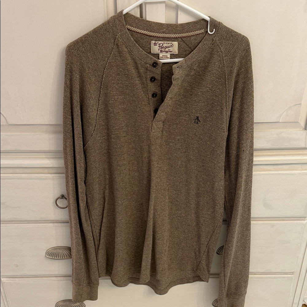 Men’s Original Penguin Brown Long Sleeve Henley Shirt